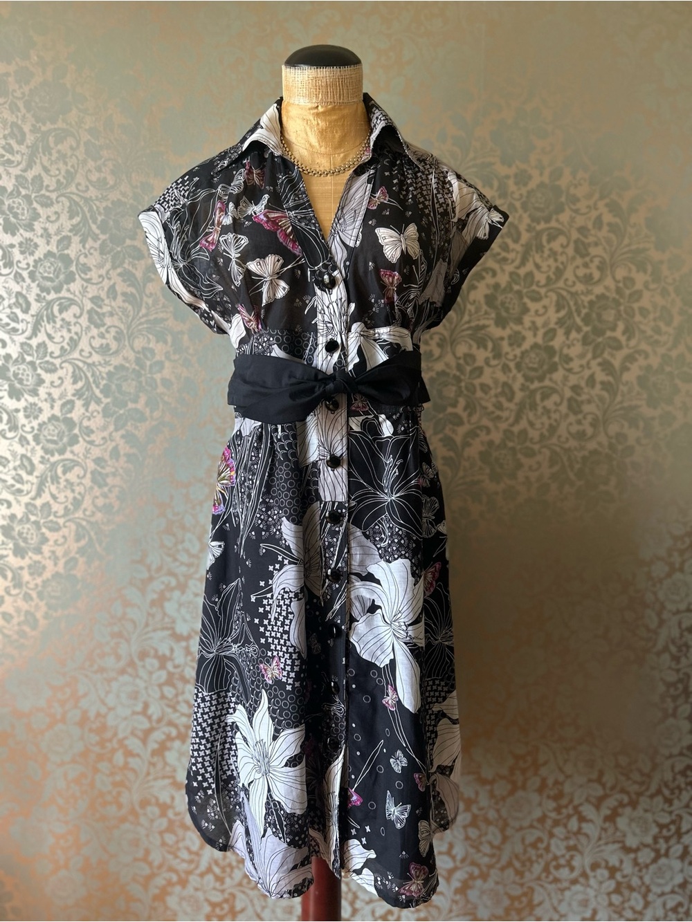 Cotton-Silk Vintage Boutique Gloria Gaudette Butterfly Floral Shirtdress Size 8